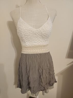 Spaghetti Strap Lace Bodice Mini Dress with Crochet Waist - White & Olive Green